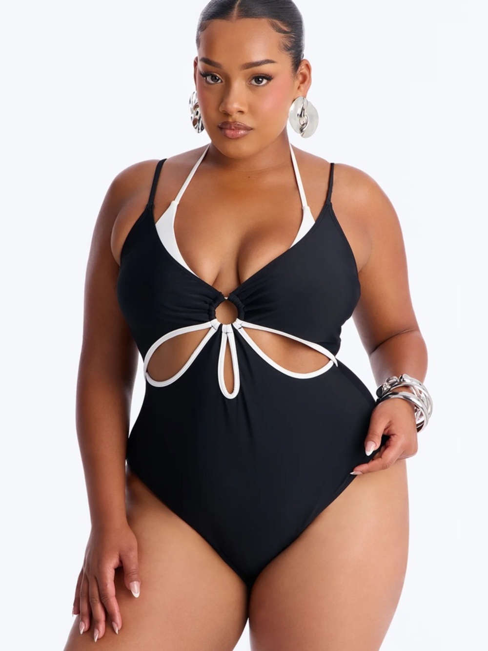 Fashion Nova Black & White Cutout One Piece Swimsuit
